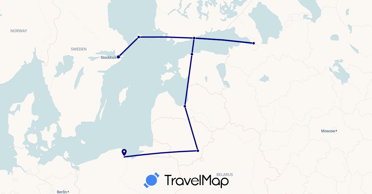 TravelMap itinerary: driving in Estonia, Finland, Lithuania, Latvia, Poland, Russia, Sweden (Europe)